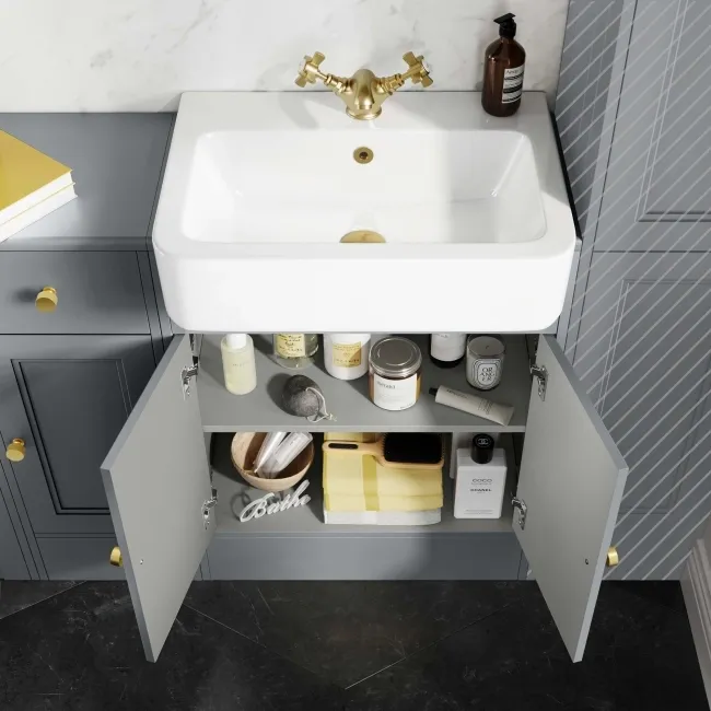 Monaco Dove Grey Combination Vanity Basin and Hudson Toilet with Wooden Seat 1500mm - Brushed Brass Accents