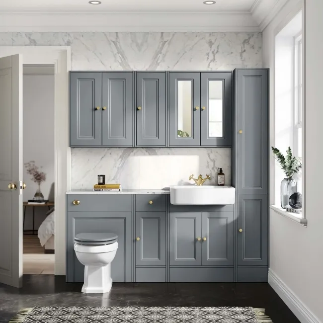 Monaco Dove Grey Combination Vanity Basin with Marble Top and Hudson Toilet with Wooden Seat 1500mm - Brushed Brass Accents