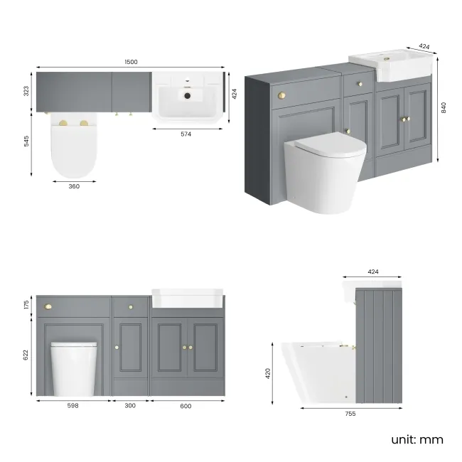 Monaco Dove Grey Combination Vanity Traditional Basin and Boston Toilet 1500mm - Brushed Brass Accents