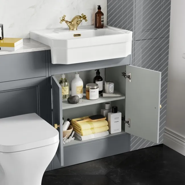Monaco Dove Grey Combination Vanity Traditional Basin with Marble Top & Atlanta Toilet 1200mm - Brushed Brass Accents