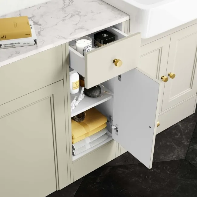 Monaco Chalk White Combination Vanity Basin with Marble Top and Hudson Toilet with Wooden Seat 1500mm - Brushed Brass Accents