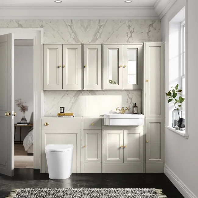 Monaco Chalk White Combination Vanity Traditional Basin and Boston Toilet 1500mm - Brushed Brass Accents