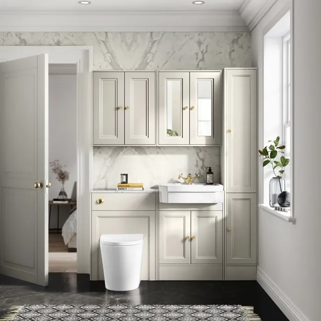 Monaco Chalk White Combination Vanity Traditional Basin with Marble Top & Boston Toilet 1200mm - Brushed Brass Accents