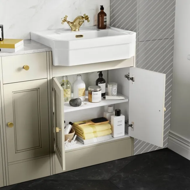 Monaco Chalk White Combination Vanity Traditional Basin with Marble Top and Seattle Toilet 1500mm - Brushed Brass Accents