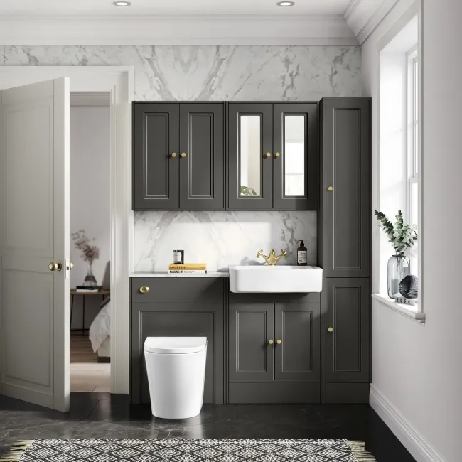 Monaco Graphite Grey Combination Vanity Basin with Marble Top & Boston Toilet 1200mm - Brushed Brass Accents