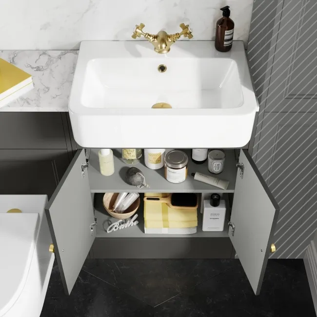 Monaco Graphite Grey Combination Vanity Basin with Marble Top & Boston Toilet 1200mm - Brushed Brass Accents