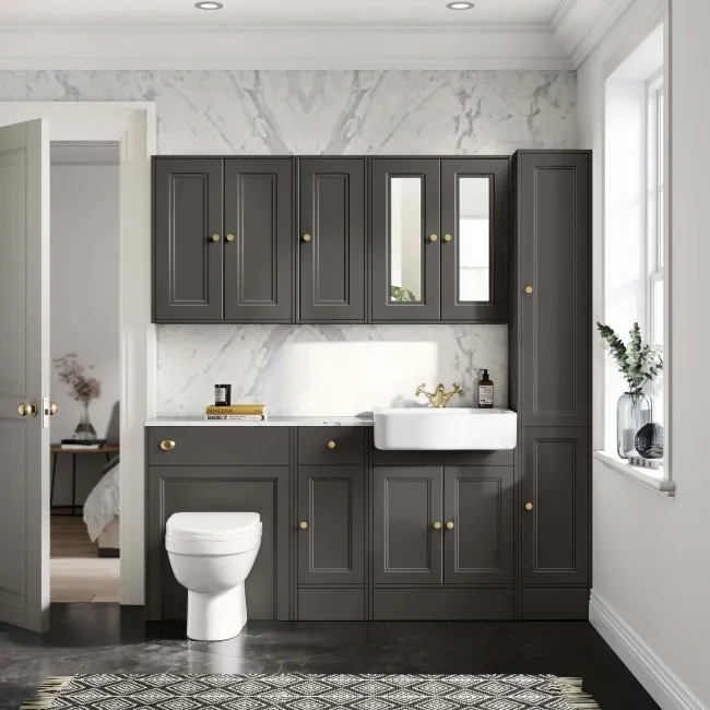 Monaco Graphite Grey Combination Vanity Basin with Marble Top and Seattle Toilet 1500mm - Brushed Brass Accents