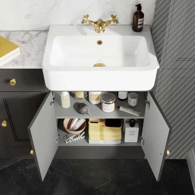 Monaco Graphite Grey Combination Vanity Basin with Marble Top and Seattle Toilet 1500mm - Brushed Brass Accents