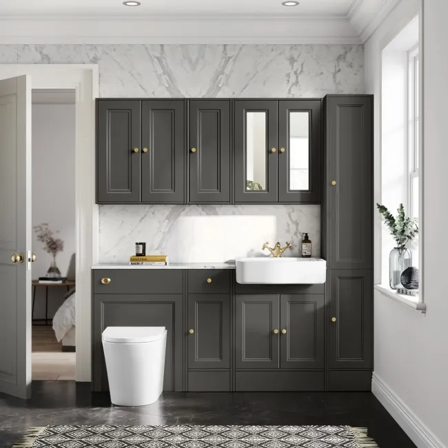 Monaco Graphite Grey Combination Vanity Basin with Marble Top and Boston Toilet 1500mm - Brushed Brass Accents