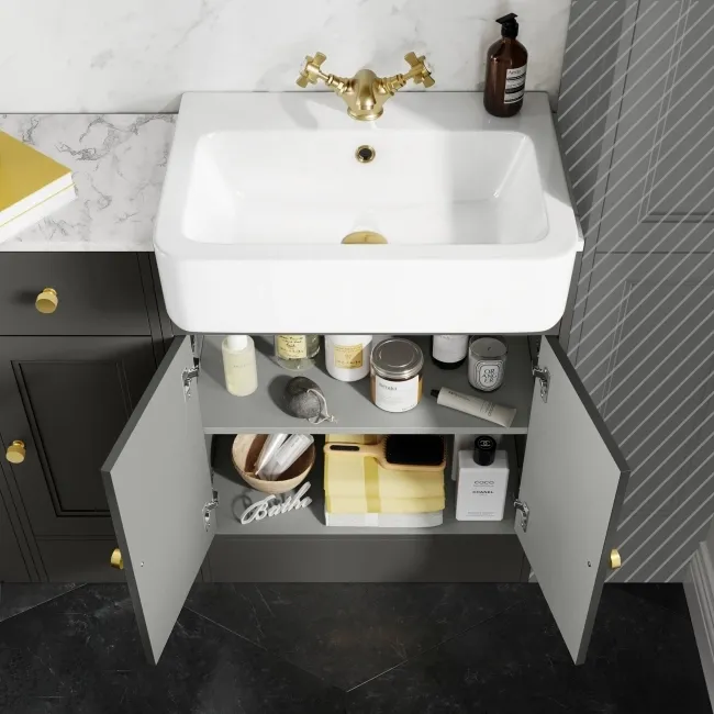 Monaco Graphite Grey Combination Vanity Basin with Marble Top and Boston Toilet 1500mm - Brushed Brass Accents