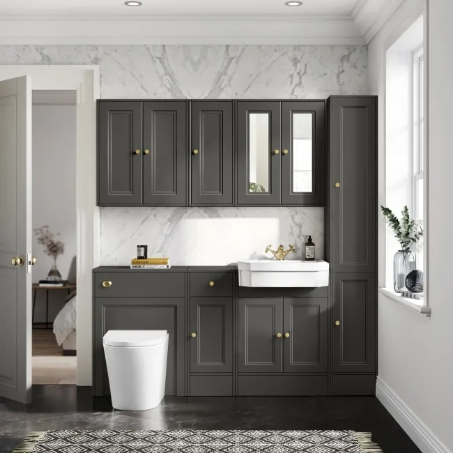 Monaco Graphite Grey Combination Vanity Traditional Basin and Boston Toilet 1500mm - Brushed Brass Accents