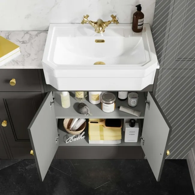 Monaco Graphite Grey Combination Vanity Traditional Basin with Marble Top and Seattle Toilet 1500mm - Brushed Brass Accents