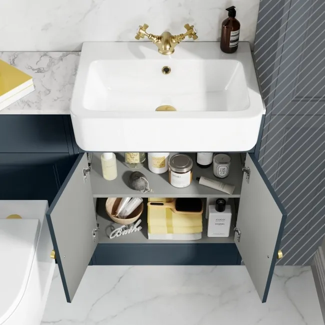 Monaco Inky Blue Combination Vanity Basin with Marble Top & Boston Toilet 1200mm - Brushed Brass Accents