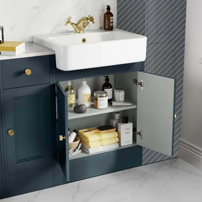 Monaco Inky Blue Combination Vanity Basin with Marble Top and Seattle Toilet 1500mm - Brushed Brass Accents