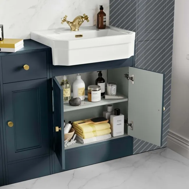 Monaco Inky Blue Combination Vanity Traditional Basin and Hudson Toilet with Wooden Seat 1500mm - Brushed Brass Accents