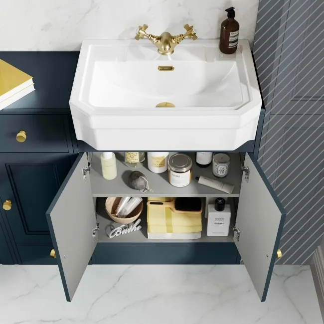 Monaco Inky Blue Combination Vanity Traditional Basin and Hudson Toilet with Wooden Seat 1500mm - Brushed Brass Accents