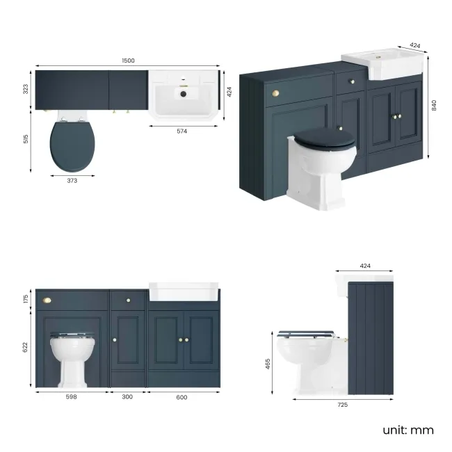 Monaco Inky Blue Combination Vanity Traditional Basin and Hudson Toilet with Wooden Seat 1500mm - Brushed Brass Accents