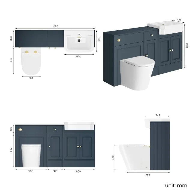 Monaco Inky Blue Combination Vanity Traditional Basin and Boston Toilet 1500mm - Brushed Brass Accents