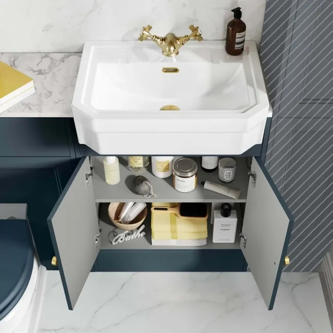 Monaco Inky Blue Combination Vanity Traditional Basin with Marble Top & Hudson Toilet with Wooden Seat 1200mm - Brushed Brass Accents
