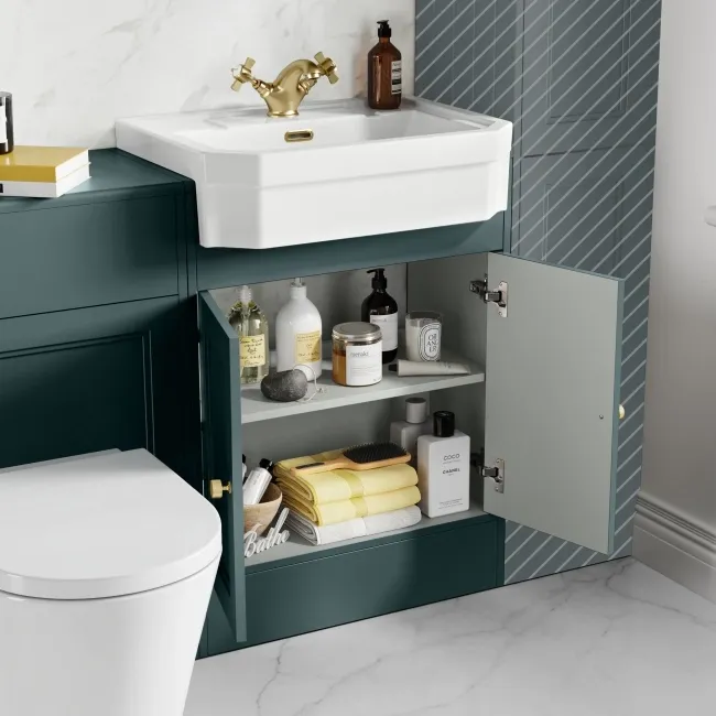 Monaco Midnight Green Combination Vanity Traditional Basin and Boston Toilet 1200mm - Brushed Brass Accents