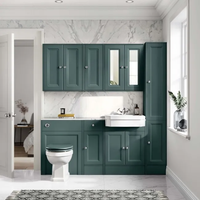 Monaco Midnight Green Combination Vanity Traditional Basin with Marble Top & Hudson Toilet with Wooden Seat 1500mm