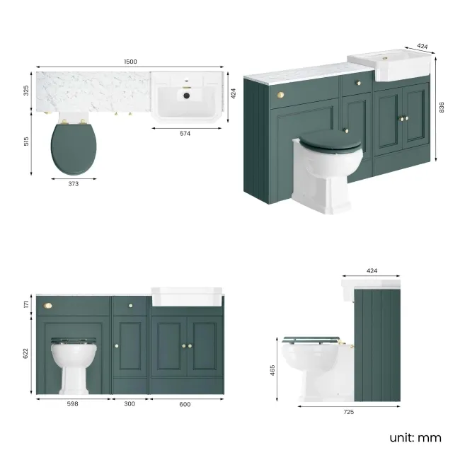 Monaco Midnight Green Combination Vanity Traditional Basin with Marble Top & Hudson Toilet with Wooden Seat 1500mm - Brushed Brass Accents