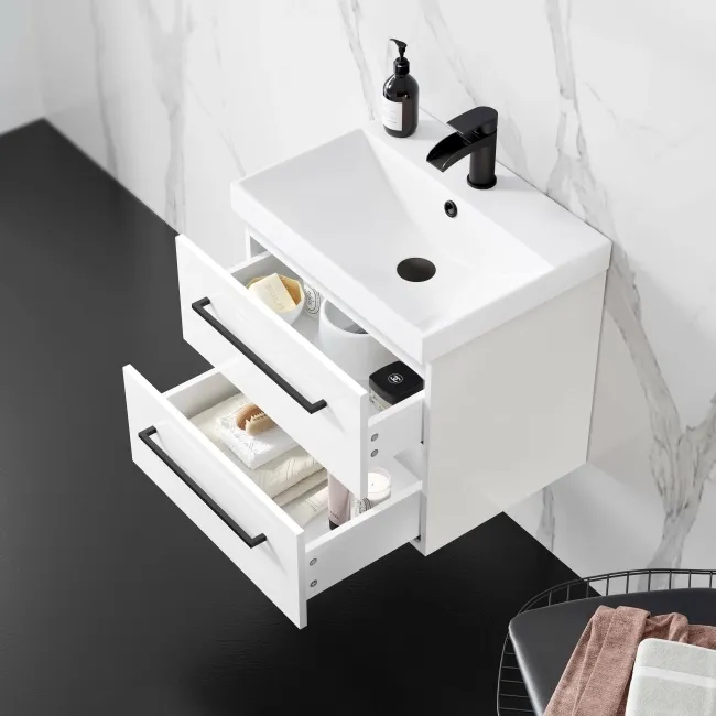 Elba Gloss White Wall Hung Basin Drawer Vanity 500mm - Black Accents