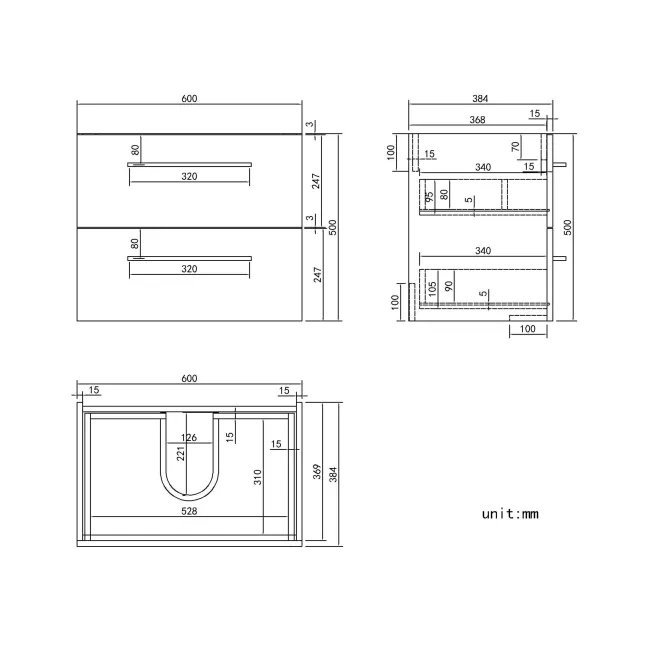 Elba Gloss White Wall Hung Basin Drawer Vanity 600mm - Black Accents