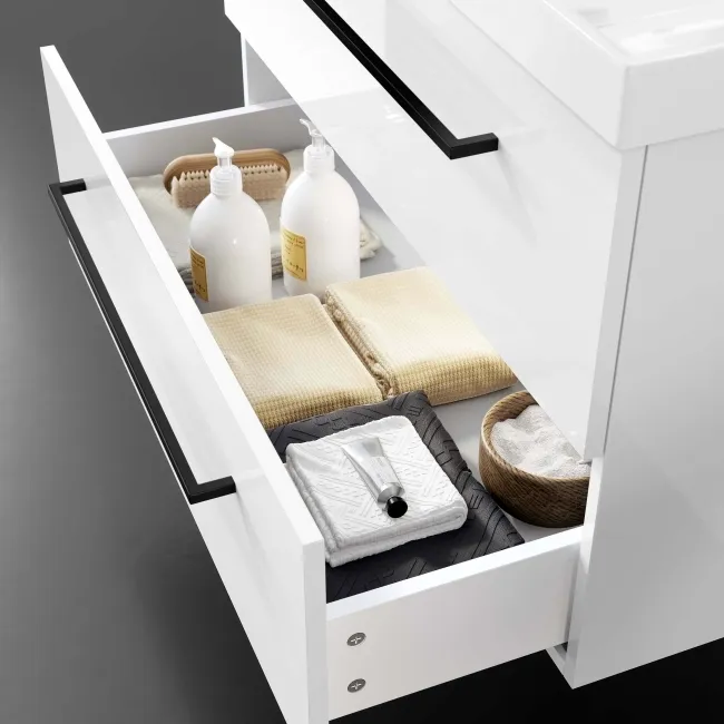 Elba Gloss White Wall Hung Basin Drawer Vanity 800mm - Black Accents