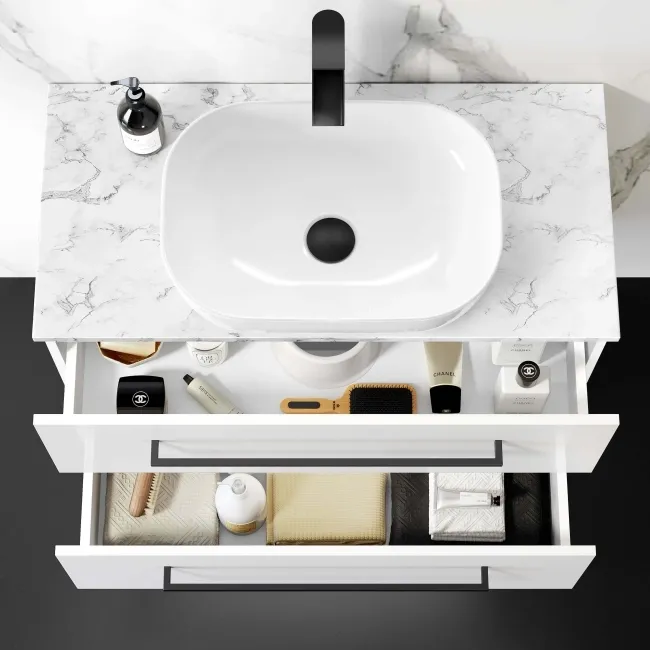 Elba Gloss White Wall Hung Drawer Vanity with Marble Top & Curved Counter Top Basin 800mm - Black Accents