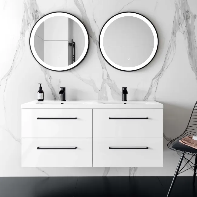 Elba Gloss White Wall Hung Double Basin Drawer Vanity 1200mm - Black Accents