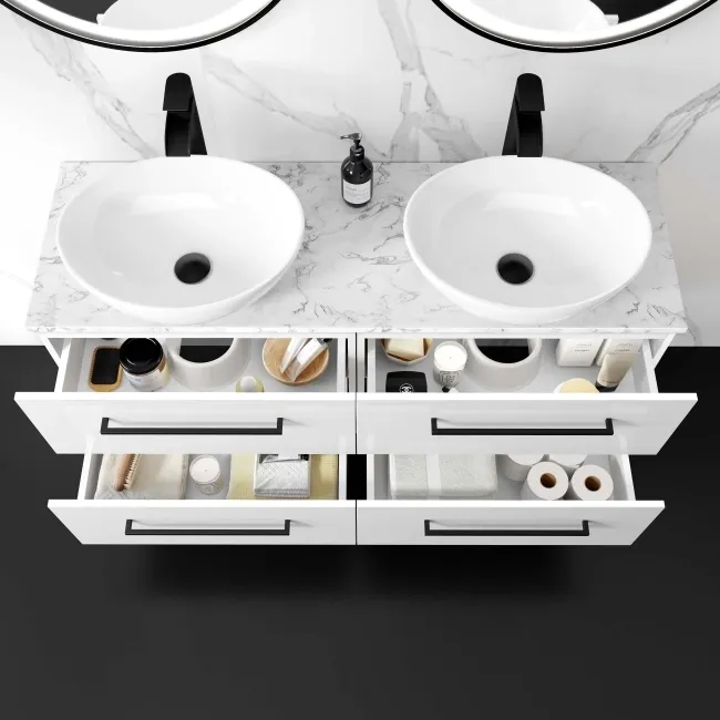Elba Gloss White Double Wall Hung Drawer Vanity with Marble Top & Oval Basin 1200mm - Black Accents