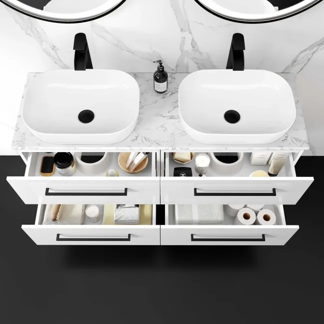 Elba Gloss White Double Wall Hung Drawer Vanity with Marble Top & Curved Basin 1200mm - Black Accents