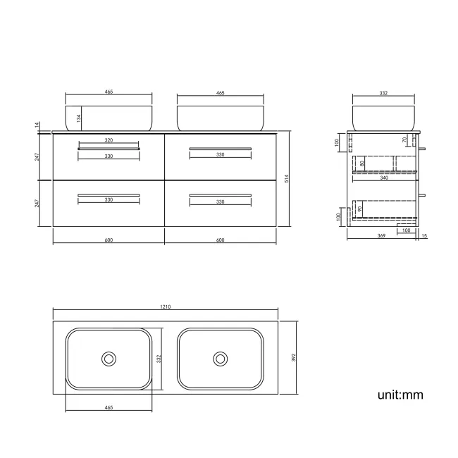 Elba Gloss White Double Wall Hung Drawer Vanity with Marble Top & Curved Basin 1200mm - Black Accents