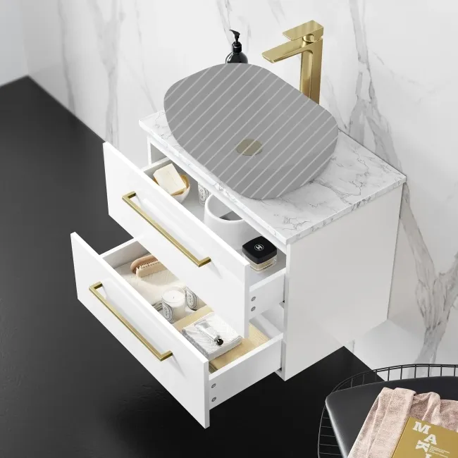 Elba Gloss White Wall Hung Drawer 600mm Excludes Counter Top Basin - Brushed Brass Accents