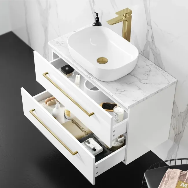 Elba Gloss White Wall Hung Drawer Vanity with Marble Top & Curved Counter Top Basin 800mm - Brushed Brass Accents