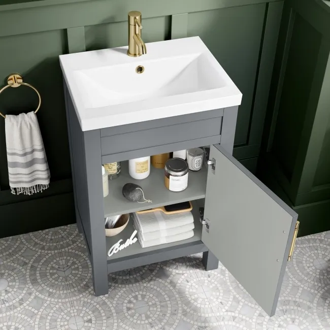 Bermuda Dove Grey Basin Vanity 500mm - Brass Knurled Handles