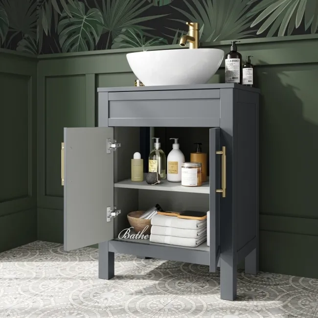 Bermuda Dove Grey Vanity with Oval Counter Top Basin 600mm - Brass Knurled Handles