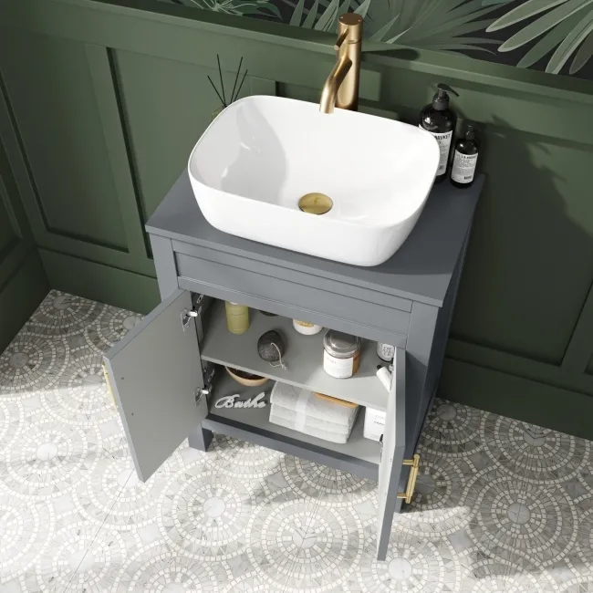 Bermuda Dove Grey Vanity with Curved Counter Top Basin 600mm - Brass Knurled Handles