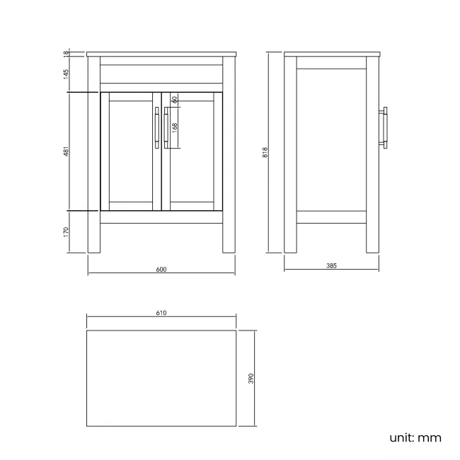 Bermuda Dove Grey Vanity with Curved Counter Top Basin 600mm - Brass Knurled Handles