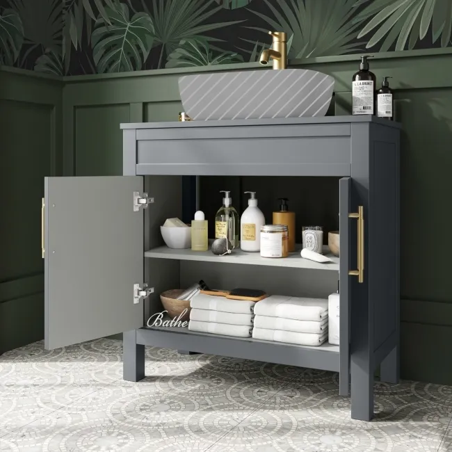 Bermuda Dove Grey Cabinet 800mm Excludes Counter Top Basin - Brass Knurled Handles