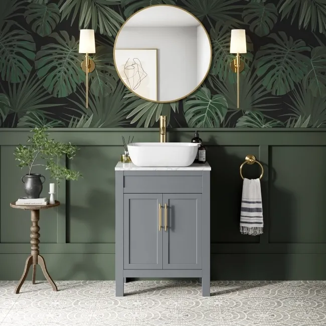 Bermuda Dove Grey Vanity with Marble Top & Curved Counter Top Basin 600mm - Brass Knurled Handles