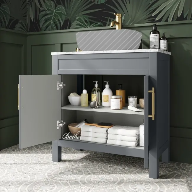 Bermuda Dove Grey Cabinet with Marble Top 800mm Excludes Counter Top Basin - Brass Knurled Handles