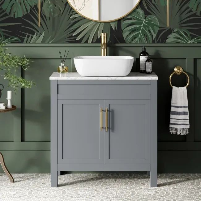Bermuda Dove Grey Vanity with Marble Top & Curved Counter Top Basin 800mm - Brass Knurled Handles