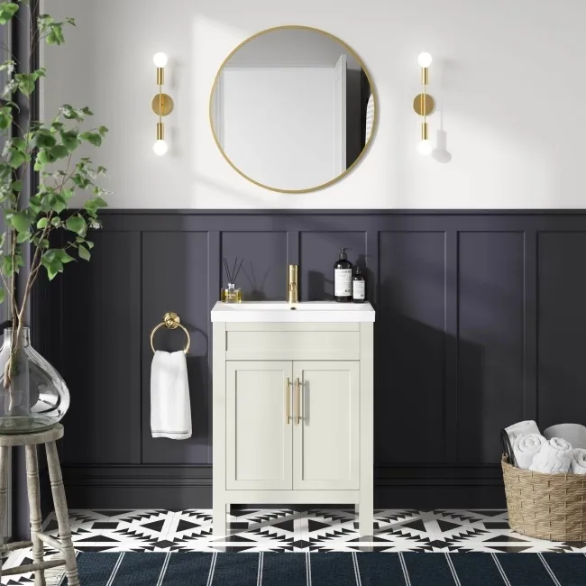 Bermuda Chalk White Basin Vanity 600mm - Brass Knurled Handles
