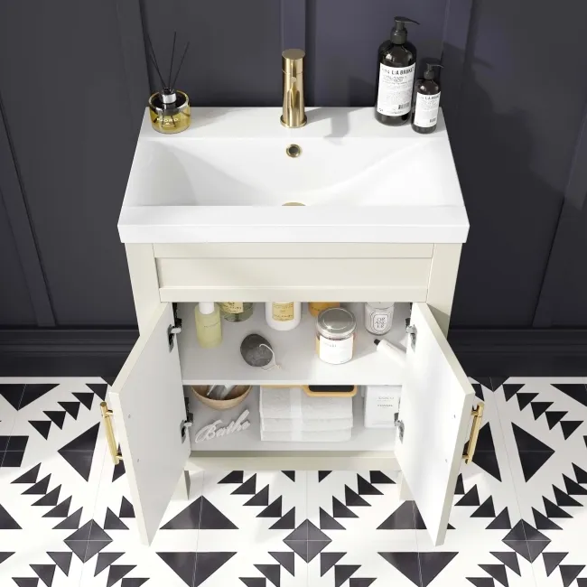 Bermuda Chalk White Basin Vanity 600mm - Brass Knurled Handles
