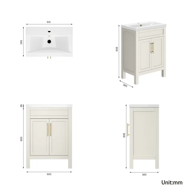 Bermuda Chalk White Basin Vanity 600mm - Brass Knurled Handles