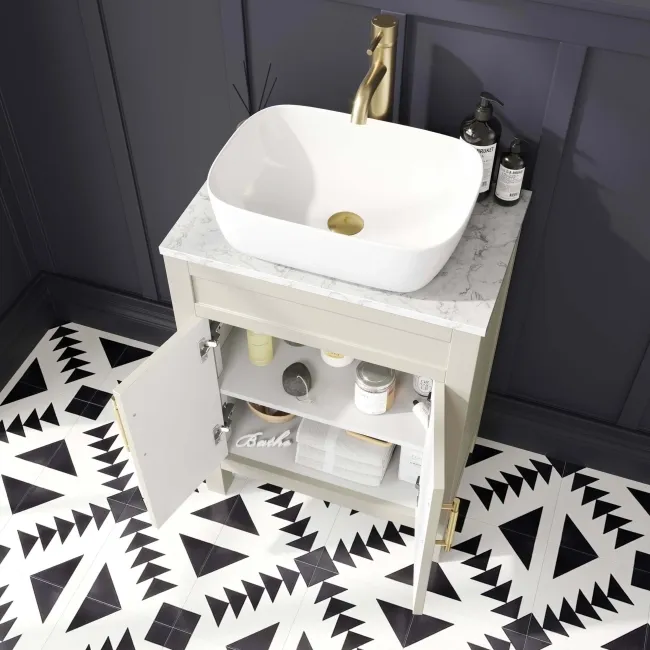 Bermuda Chalk White Vanity with Marble Top & Curved Counter Top Basin 600mm - Brass Knurled Handles
