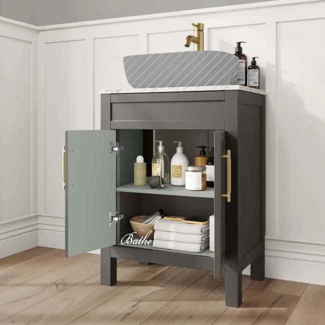 Bermuda Graphite Grey Cabinet with Marble Top 600mm Excludes Counter Top Basin - Brass Knurled Handles