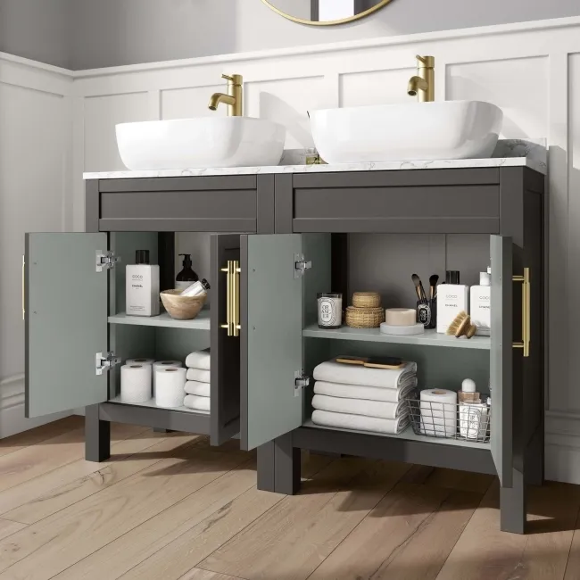 Bermuda Graphite Grey Vanity with Marble Top & Curved Counter Top Basin 1200mm - Brass Knurled Handles